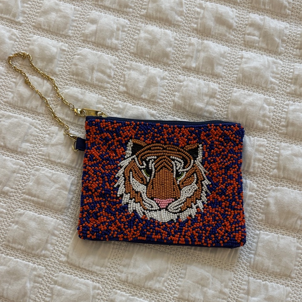 Beaded Tiger Wristlet Pouch - Orange & Navy